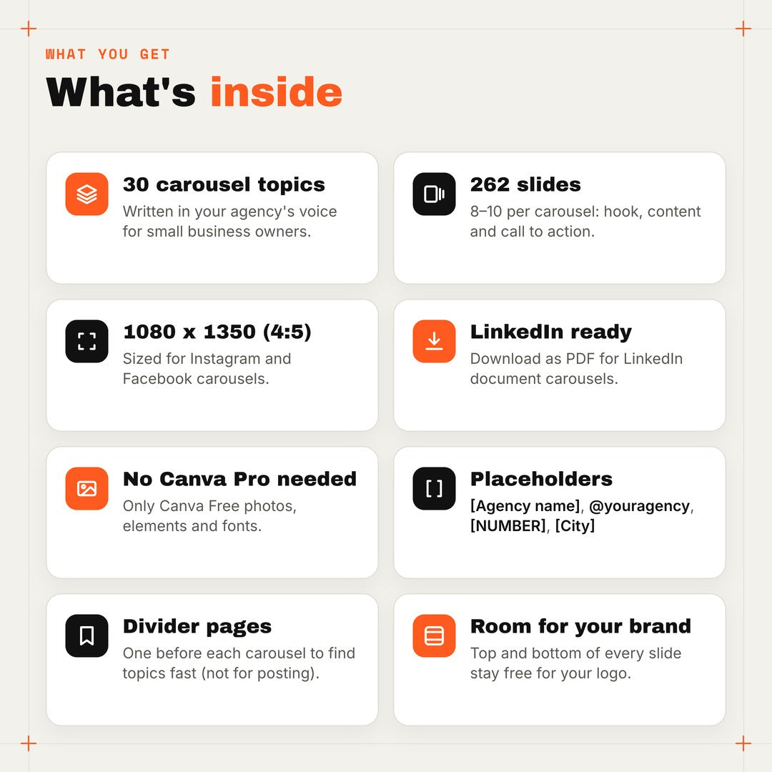 What's inside: 30 carousel topics, 262 slides, 1080 x 1350, LinkedIn ready, Canva Free assets, placeholders, divider pages, room for your brand
