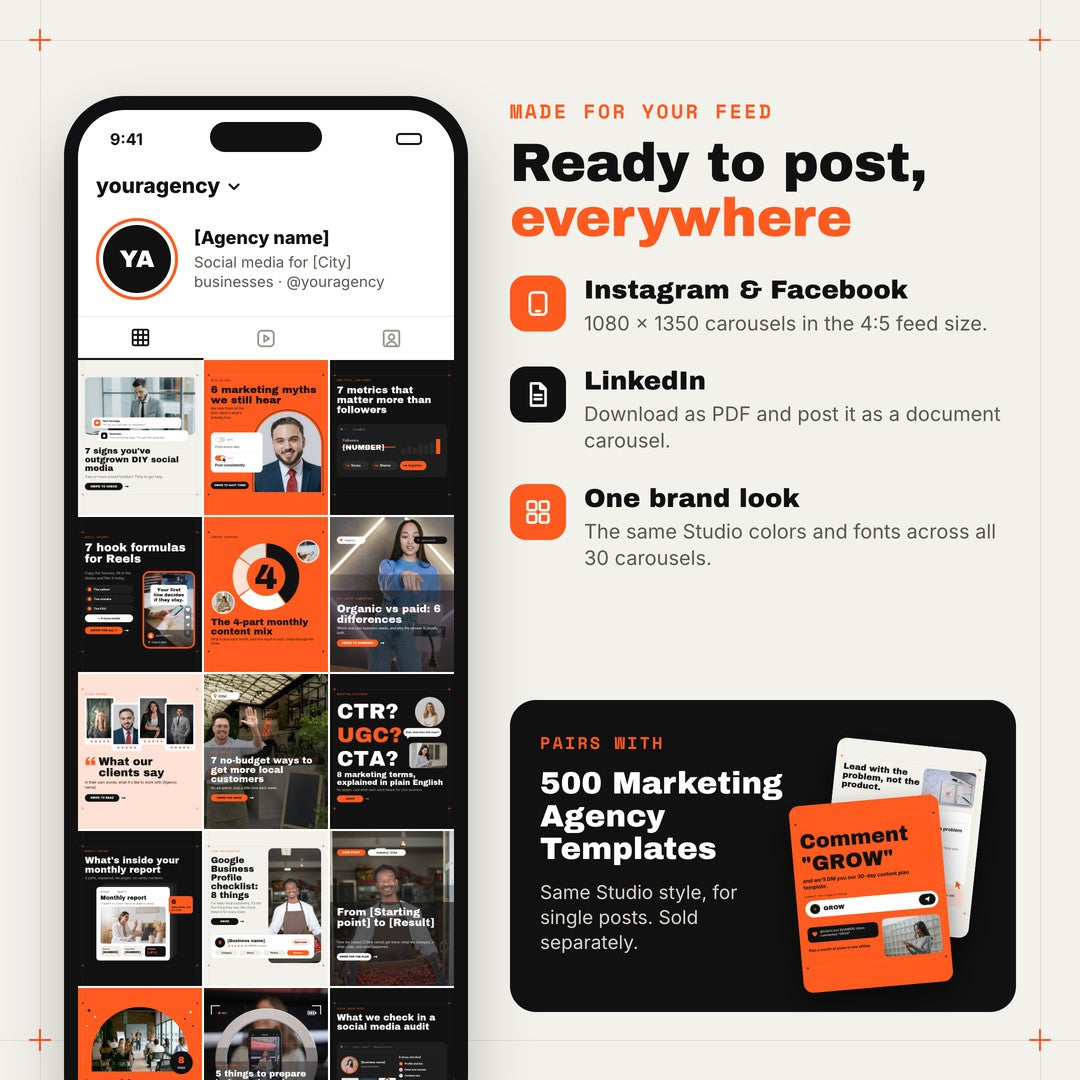 Carousel covers on an Instagram profile grid, ready for Instagram, Facebook and LinkedIn, and pairs with 500 Marketing Agency Templates