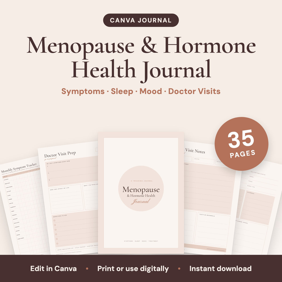 Menopause & Hormone Health Journal, 35 pages, editable in Canva: cover and sample pages