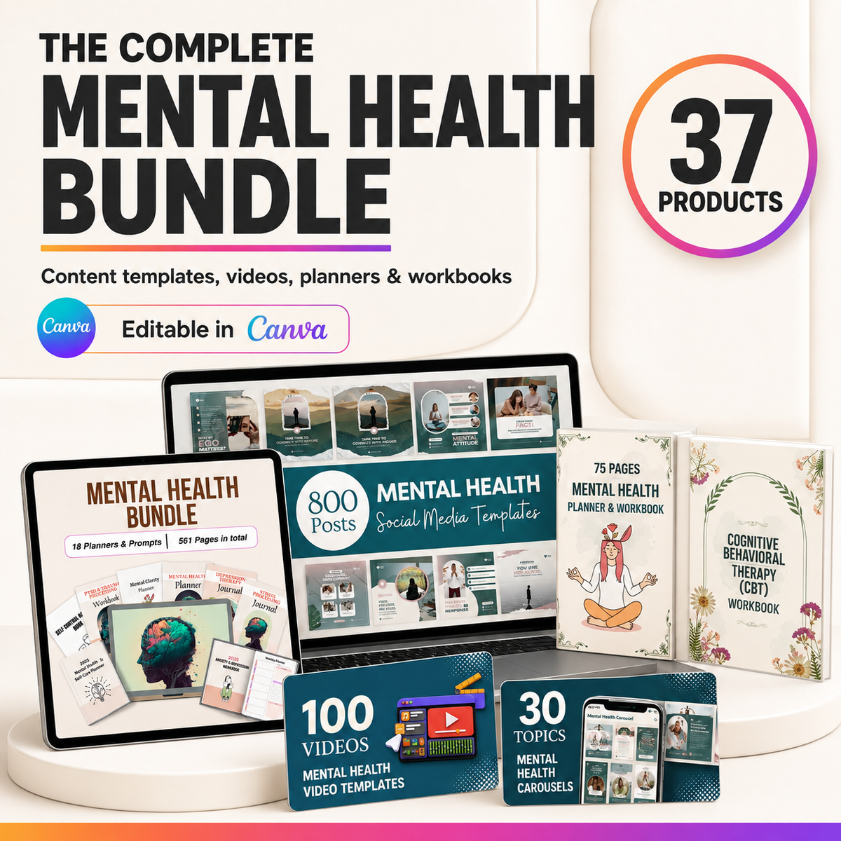 The Complete Mental Health Bundle, 37 products, editable in Canva