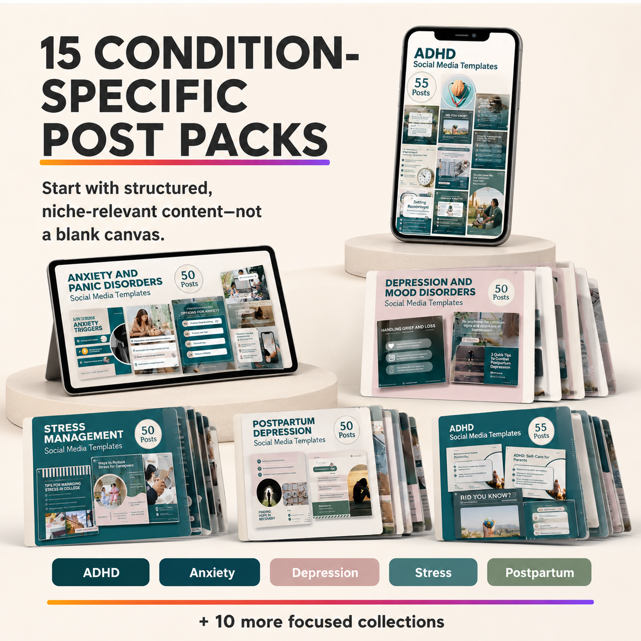 Condition specific post packs covering anxiety, depression, ADHD, grief and more