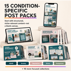 Condition specific post packs covering anxiety, depression, ADHD, grief and more