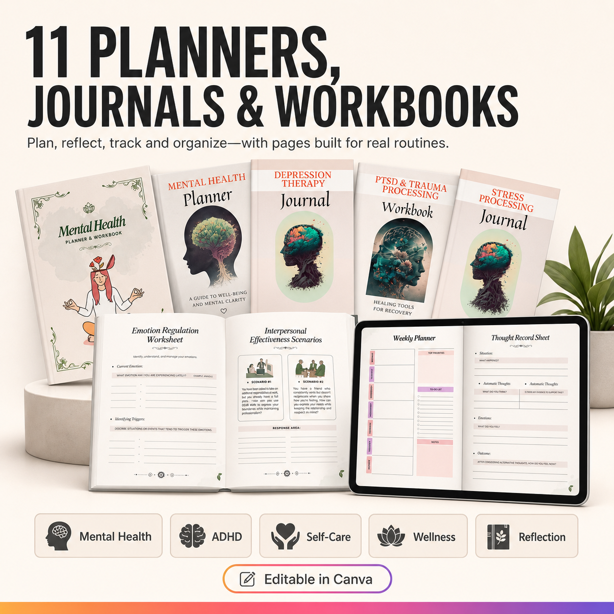 Eleven planners, journals and workbooks included in the bundle