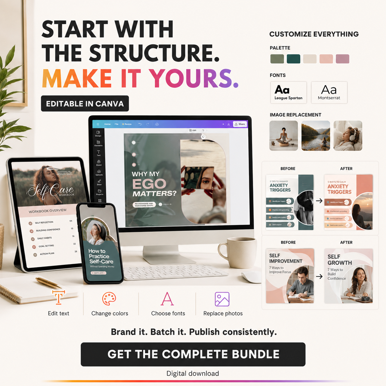 Edit text, change colours, choose fonts and replace photos in Canva