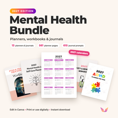 Mental Health Bundle 2027 Edition: 13 editable Canva planners and journals, 561 planner pages, 615 journal prompts, with 2027 calendars