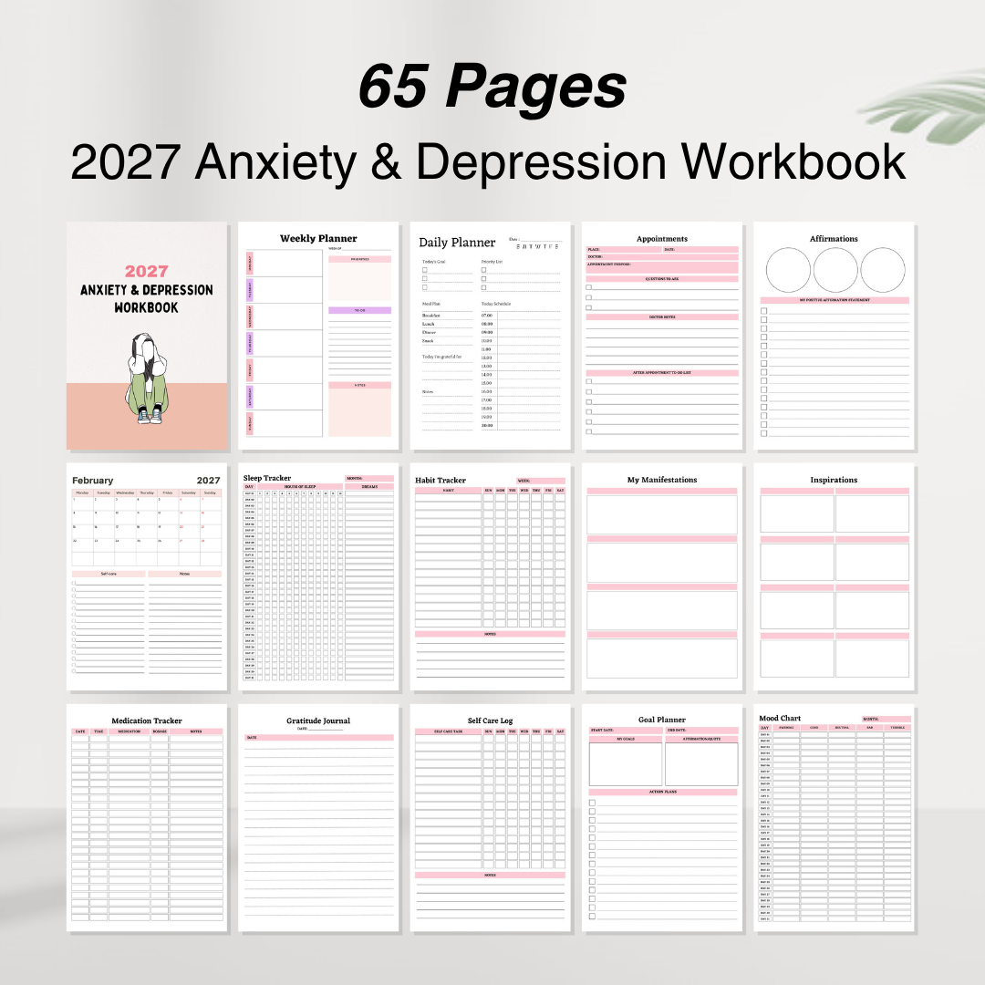 2027 Anxiety and Depression Workbook, 65 pages, editable Canva template