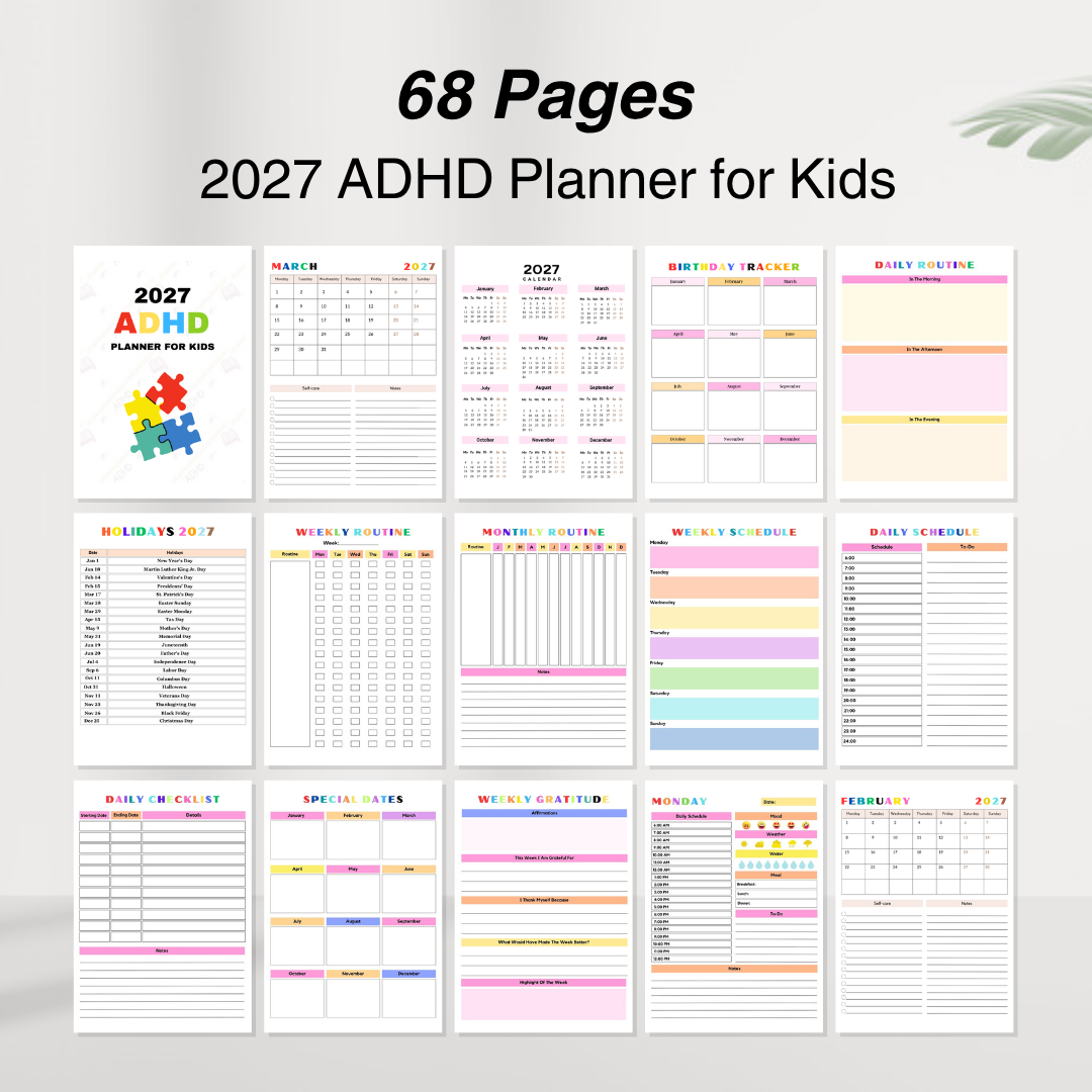 2027 ADHD Planner for Kids, 68 pages, editable Canva template