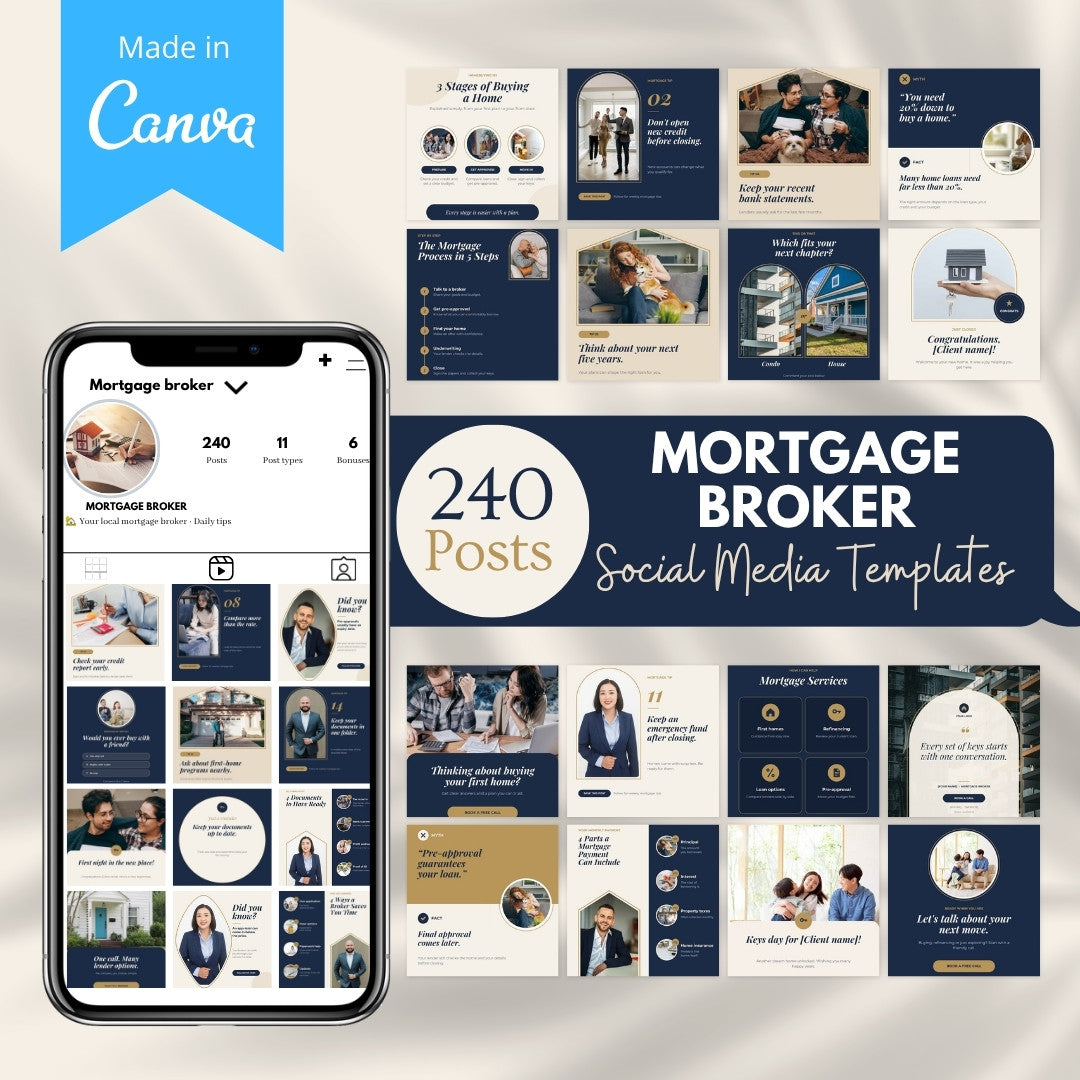 Mortgage broker social media templates for Canva: 240 editable posts shown on a phone and in grids, navy, ivory and gold