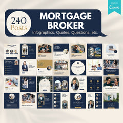 Grid of 28 mortgage broker post templates: infographics, quotes, questions and more
