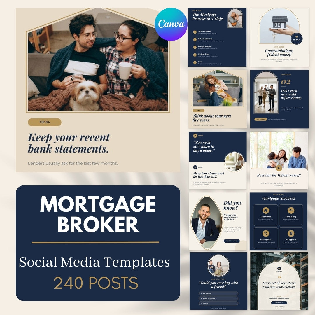 Mortgage broker social media templates: 240 posts with a featured daily tip template