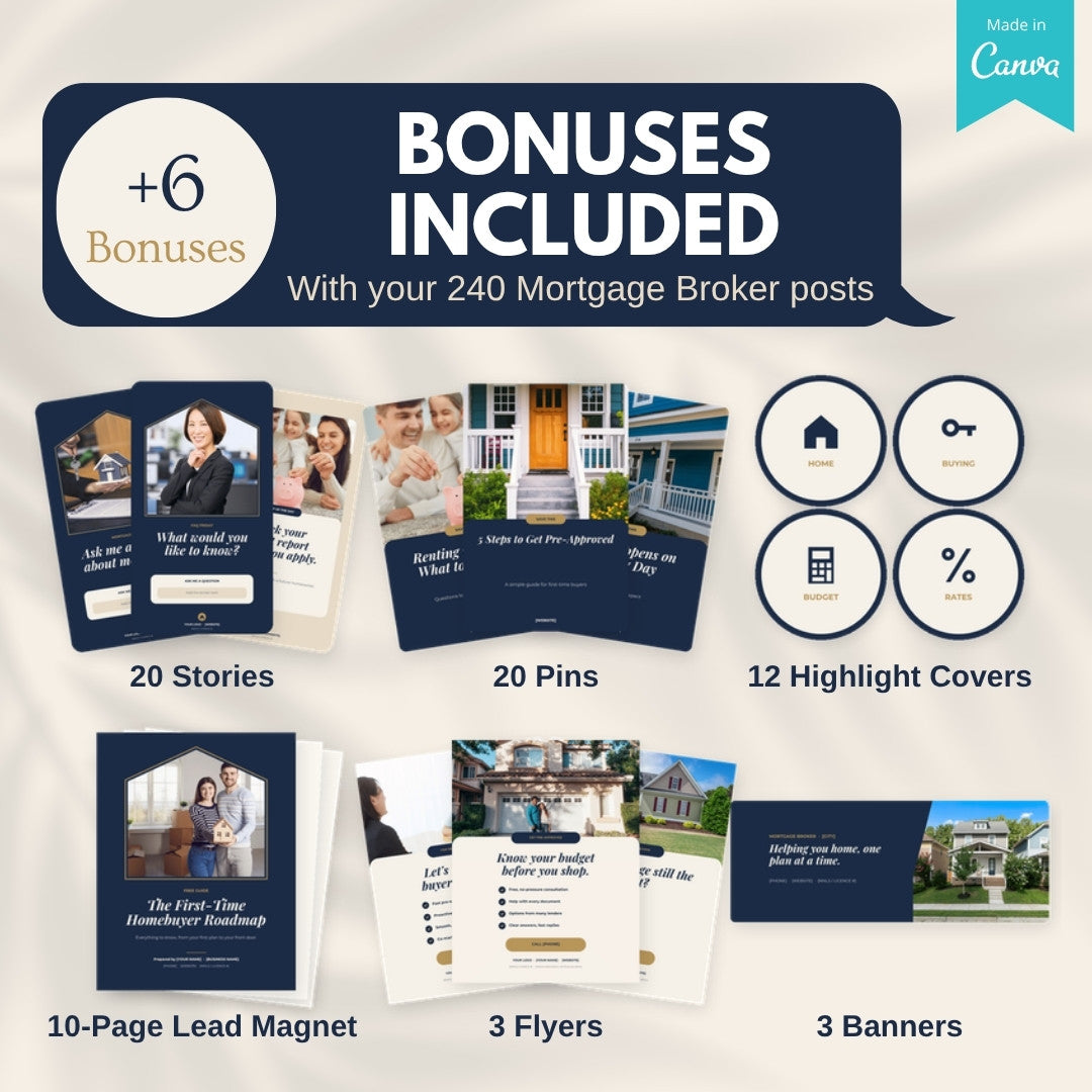 Bonuses included: 20 Stories, 20 Pins, 12 Highlight covers, a 10-page lead magnet, 3 flyers and 3 banners
