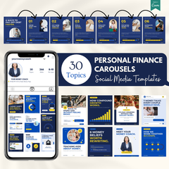 Personal Finance Carousels Bundle: 30 topics of editable Canva carousel templates, shown in a phone feed and a cover grid