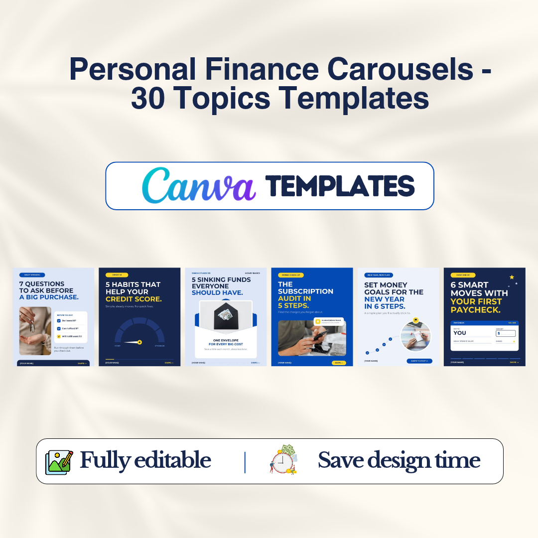 Personal Finance Carousels, 30 topics of Canva templates