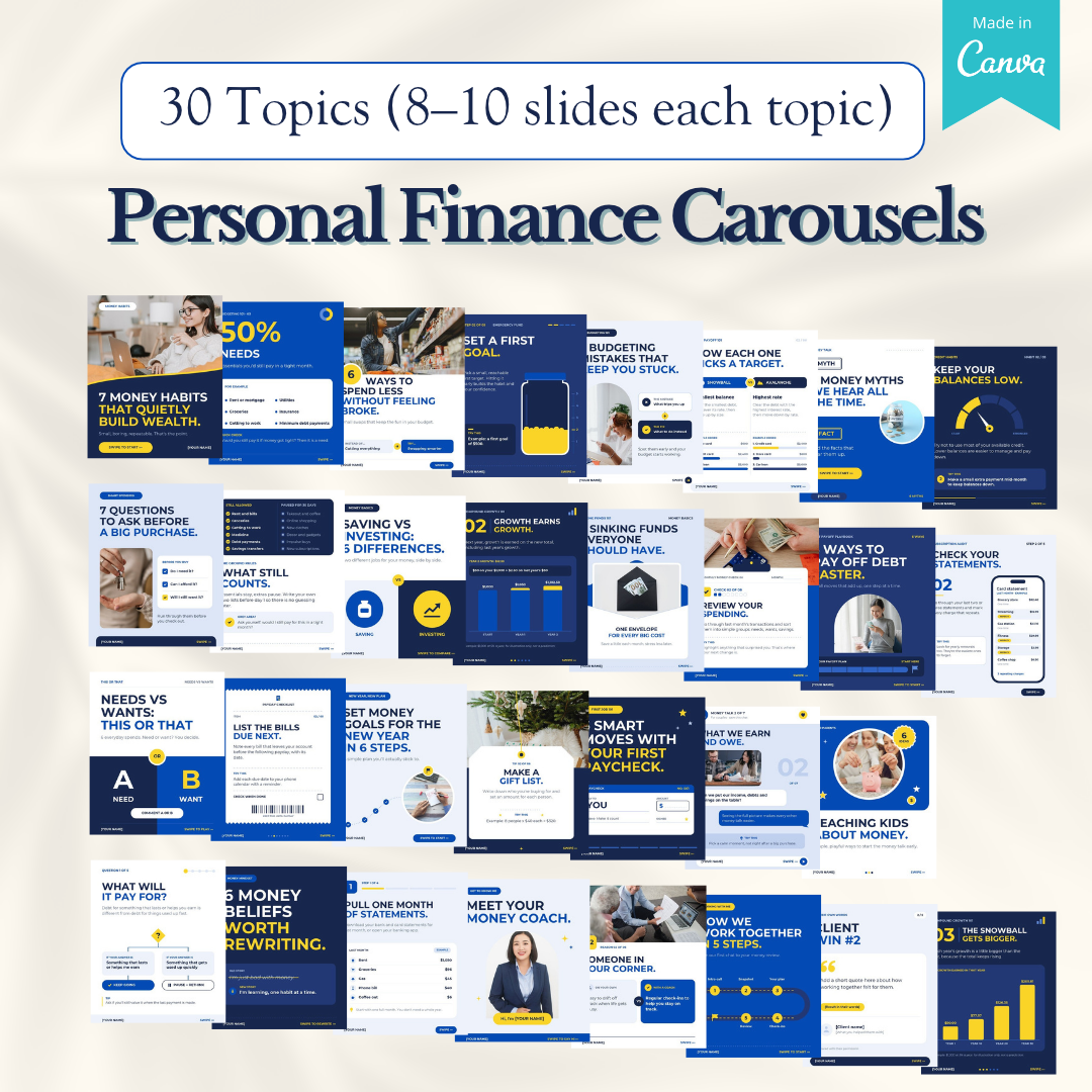 A grid of covers and slides from all 30 personal finance carousels, 8 to 10 slides each