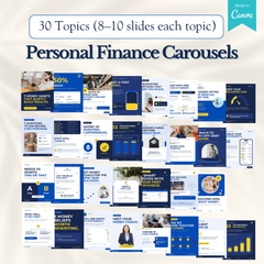 A grid of covers and slides from all 30 personal finance carousels, 8 to 10 slides each