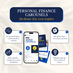 Personal Finance Carousels overview: 30 topics, 266 slides, fully editable, editable with the free version of Canva