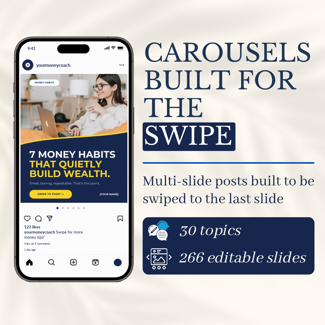 A personal finance carousel cover in an Instagram post on a phone: carousels built for the swipe