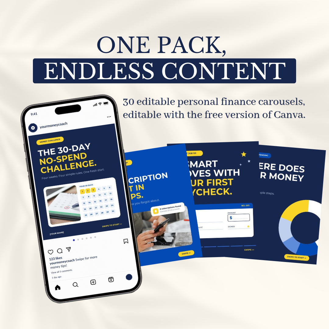 One pack, endless content: 30 editable personal finance carousels