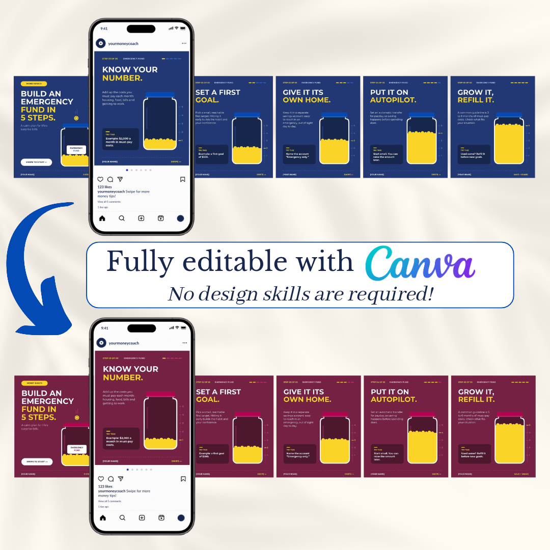 The emergency fund carousel in navy and recoloured in berry, showing it is fully editable in Canva
