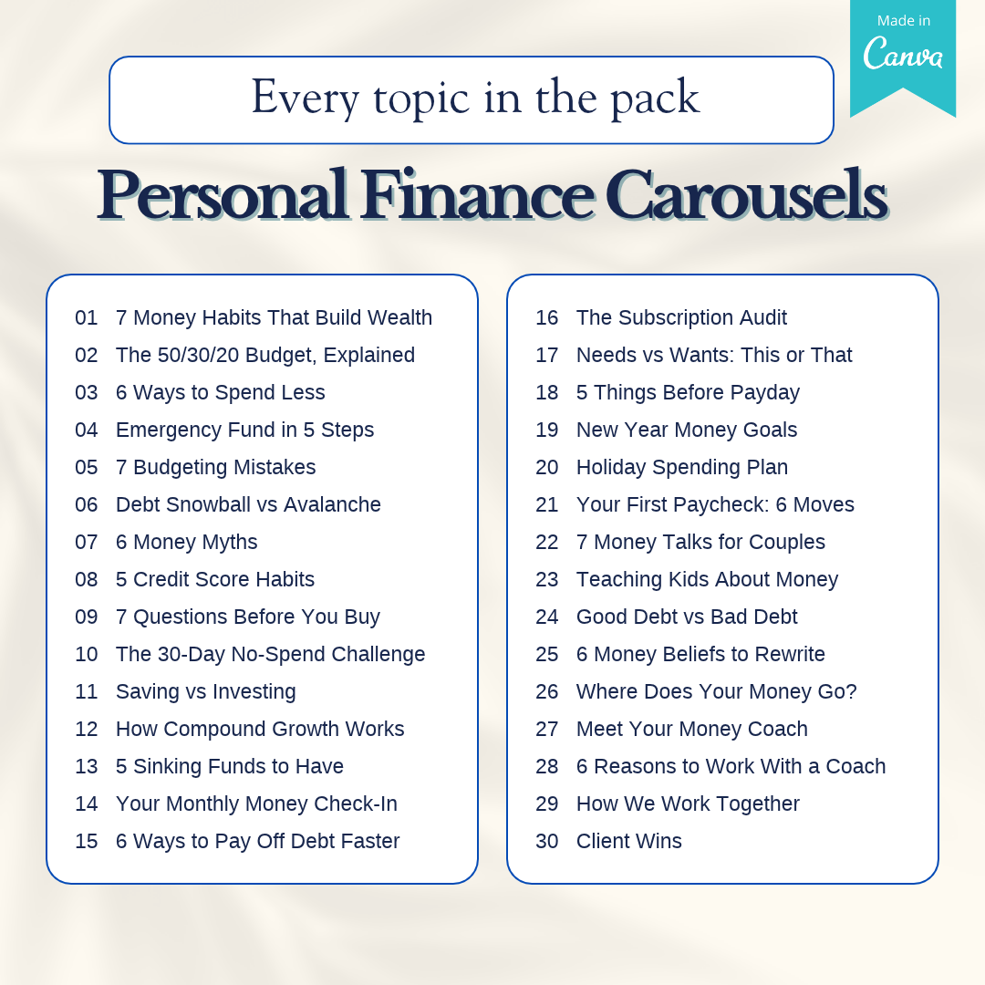 The list of all 30 Personal Finance Carousels topics, numbered 01 to 30