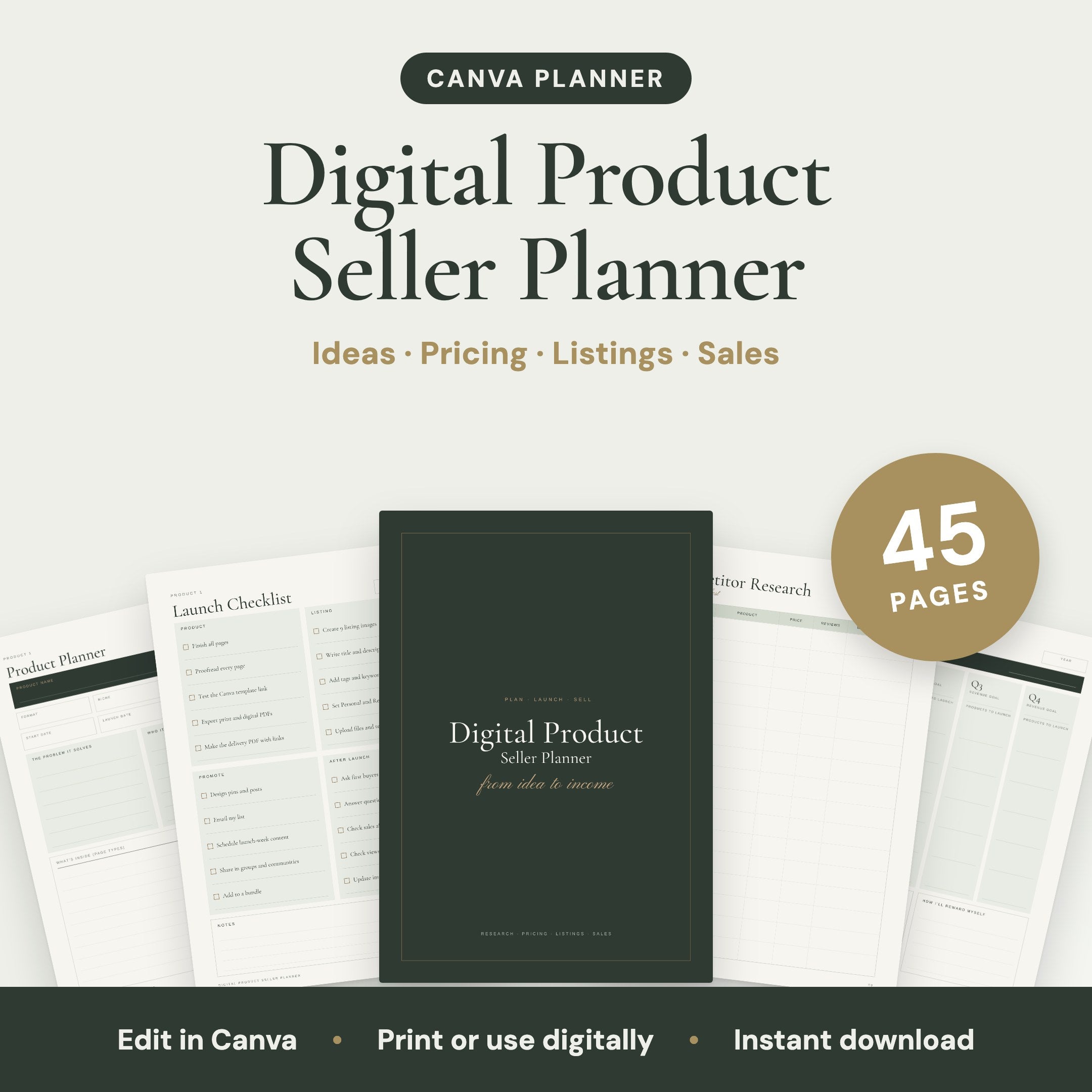 Digital Product Seller Planner, 45 pages, editable in Canva: cover and sample pages