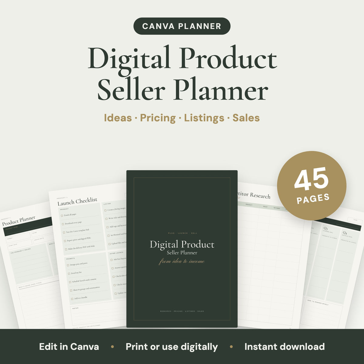 Digital Product Seller Planner, 45 pages, editable in Canva: cover and sample pages