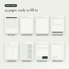 What's inside the Digital Product Seller Planner: Yearly Goals, Product Idea Bank, Competitor Research, Pricing Calculator, Listing Builder, Bundle Planner, Monthly Planner, Weekly Content
