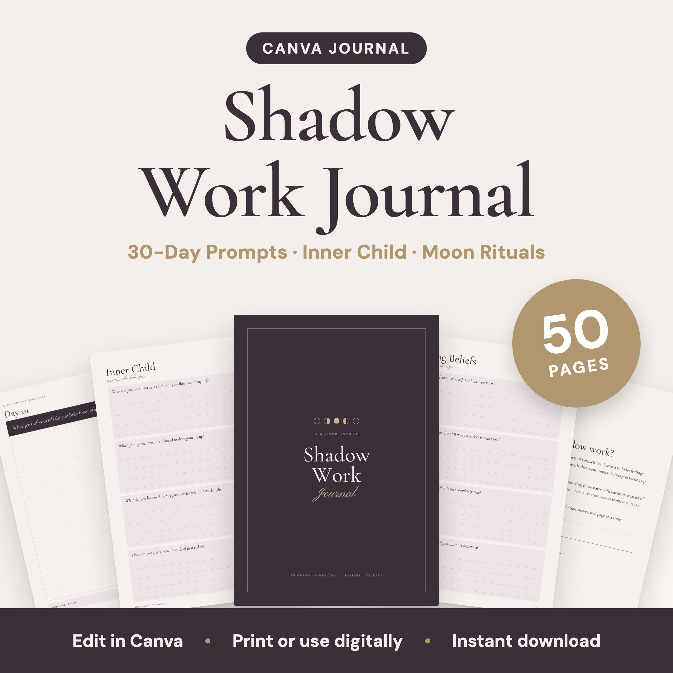 Shadow Work Journal, 50 pages, editable in Canva: cover and sample pages