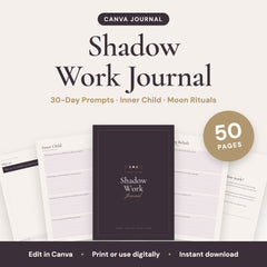 Shadow Work Journal, 50 pages, editable in Canva: cover and sample pages