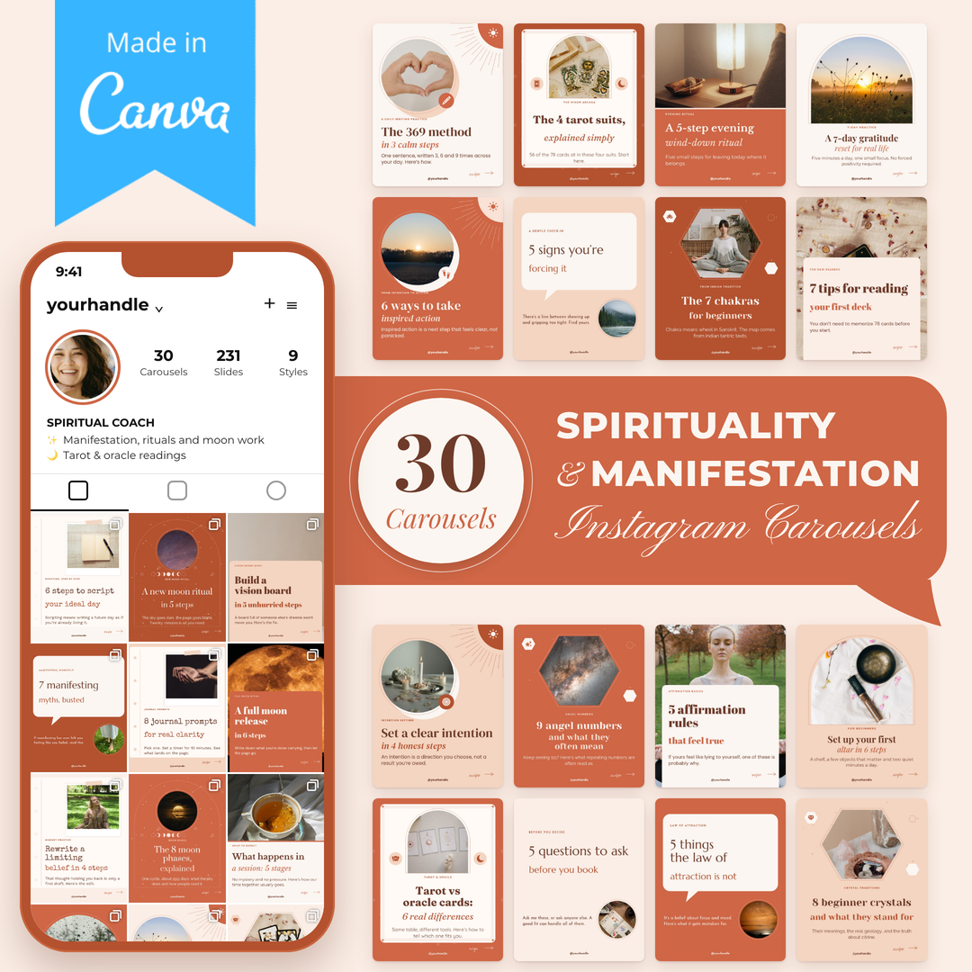 Spirituality and Manifestation Carousels Bundle: 30 Instagram carousels for Canva, shown in a phone and a grid of covers