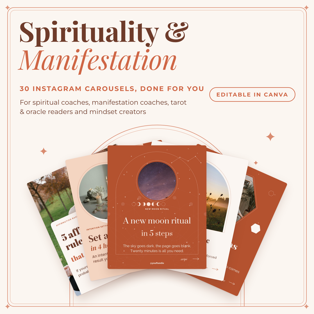 Fan of five spirituality carousel covers, 30 Instagram carousels done for you, editable in Canva