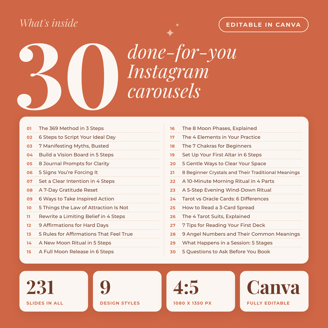 The 30 carousel topics: 231 slides, 9 design styles, 1080 x 1350 px, editable in Canva