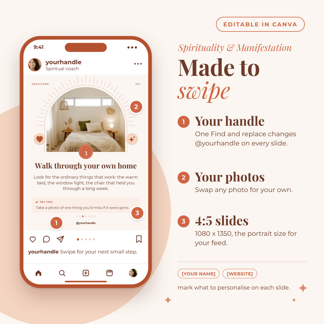 A carousel slide on a phone: change your handle, swap the photos, 4:5 slides