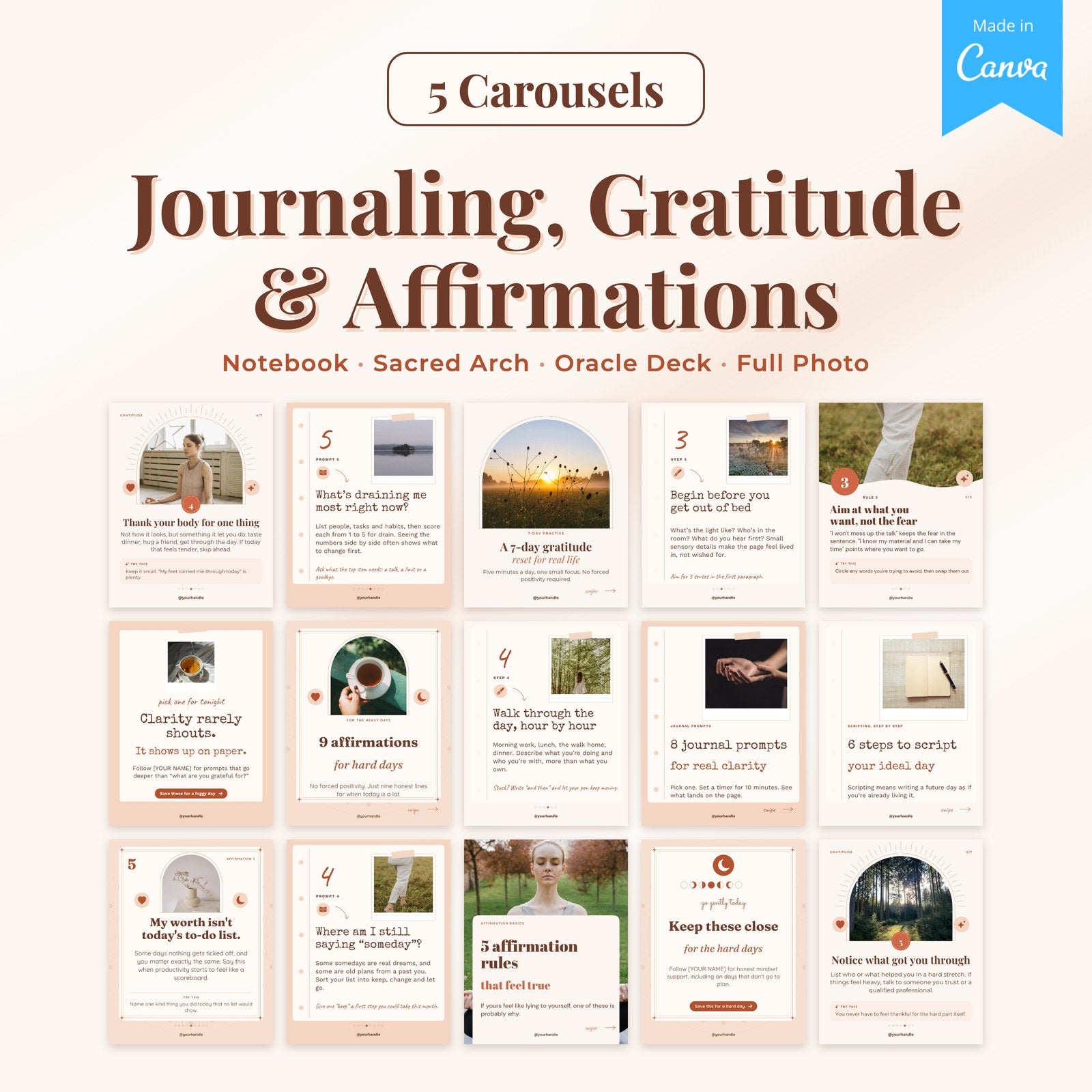 What's included: 5 Journaling, Gratitude and Affirmations carousels