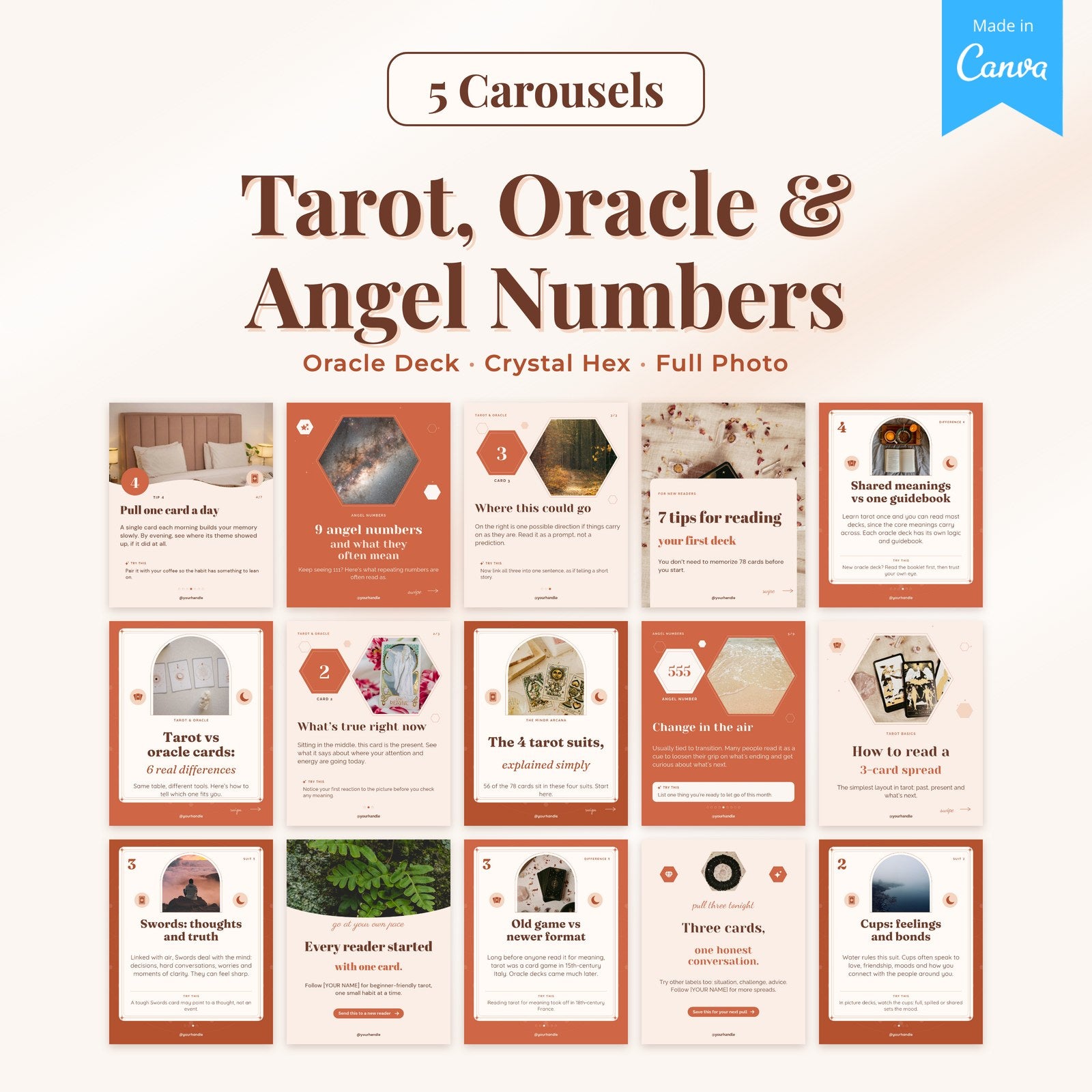 What's included: 5 Tarot, Oracle and Angel Numbers carousels