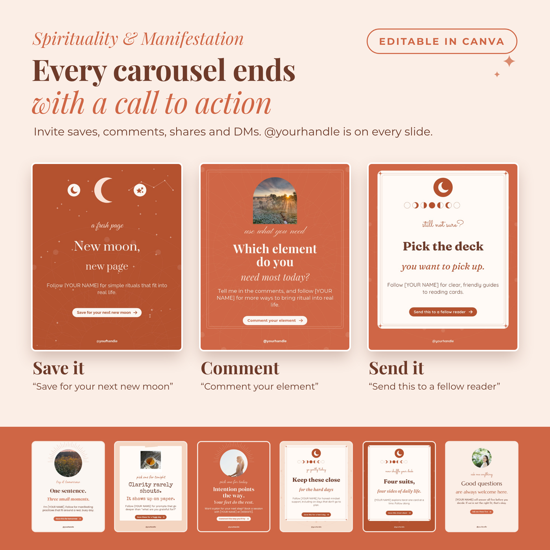 Every carousel ends with a call to action: save it, comment, send it