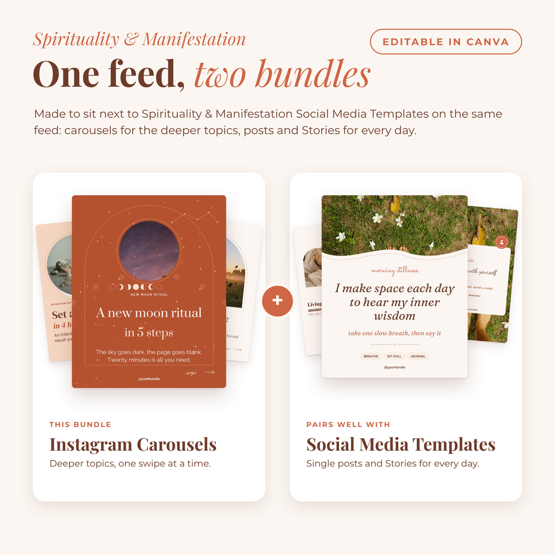 One feed, two bundles: carousels beside Spirituality and Manifestation Social Media Templates