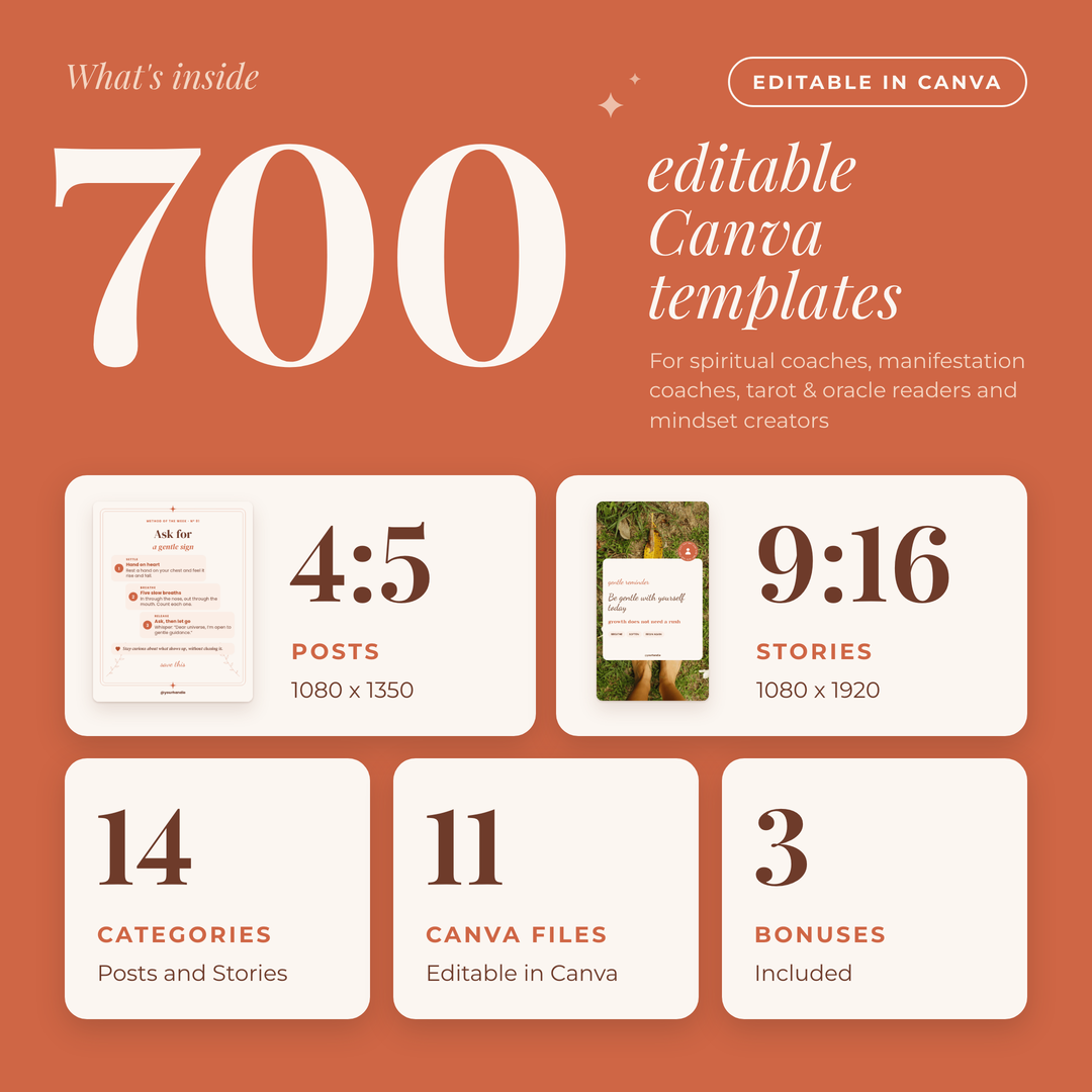What is inside: 700 templates, 14 categories, 11 Canva files and 3 bonuses