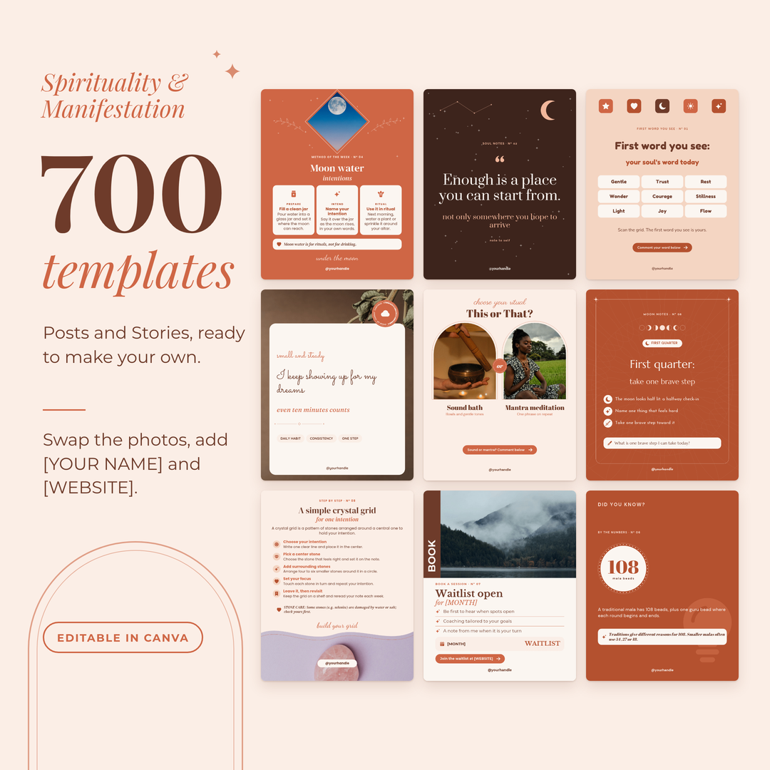 Grid of 700 spiritual post templates in terracotta, peach and cream
