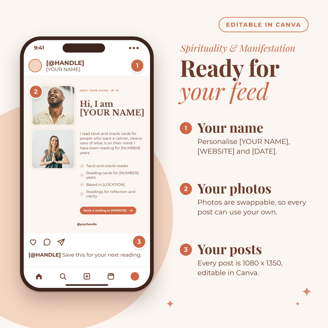 A post template shown on a phone: add your name, your photos and your posts