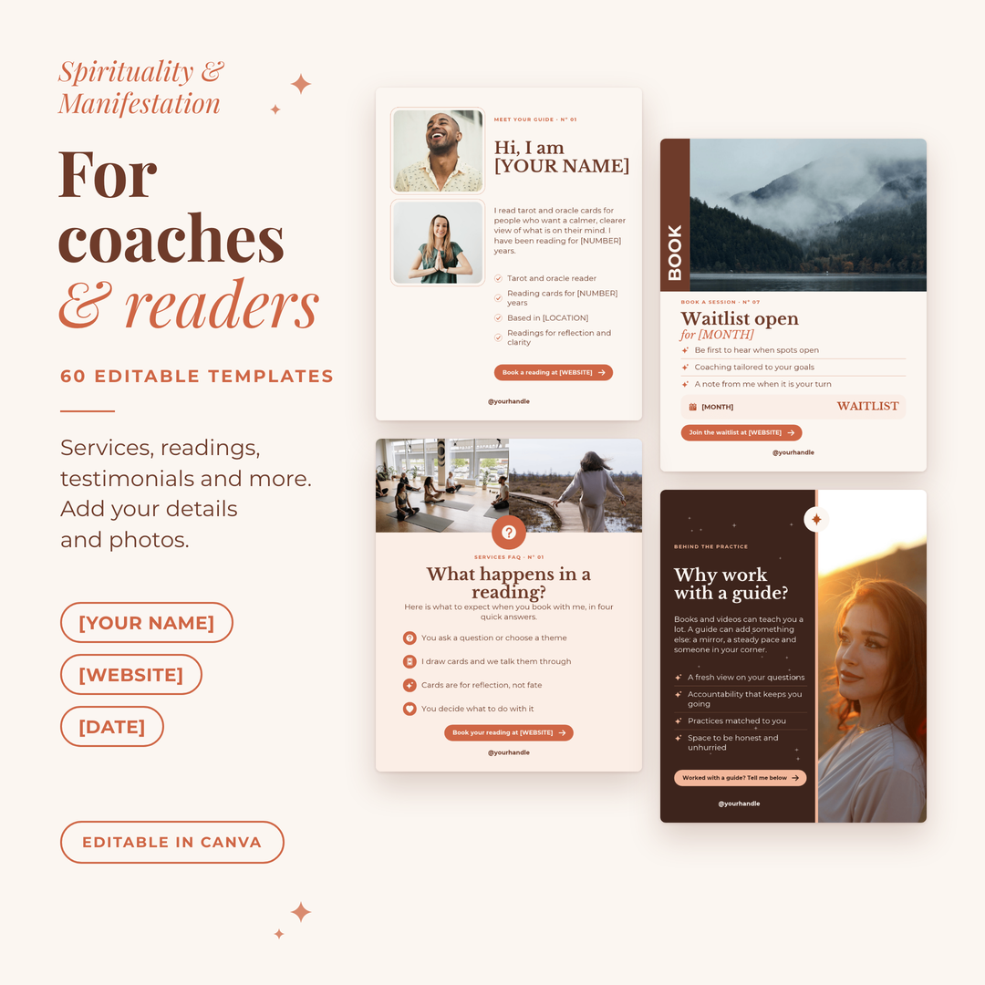 Templates for coaches and readers with name, website and date placeholders