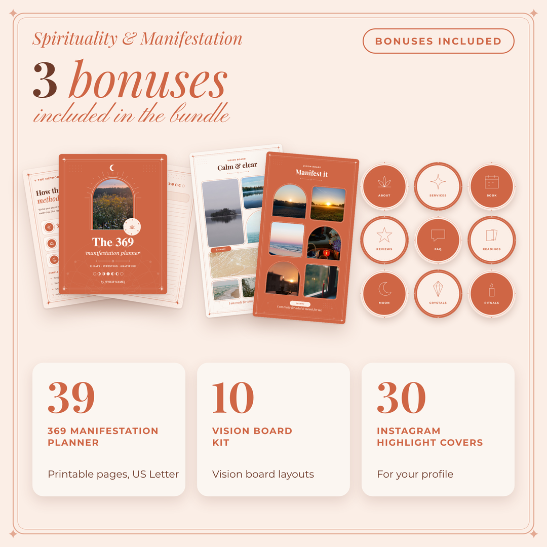 3 bonuses: 369 Manifestation Planner, Vision Board Kit and 30 Instagram Highlight Covers