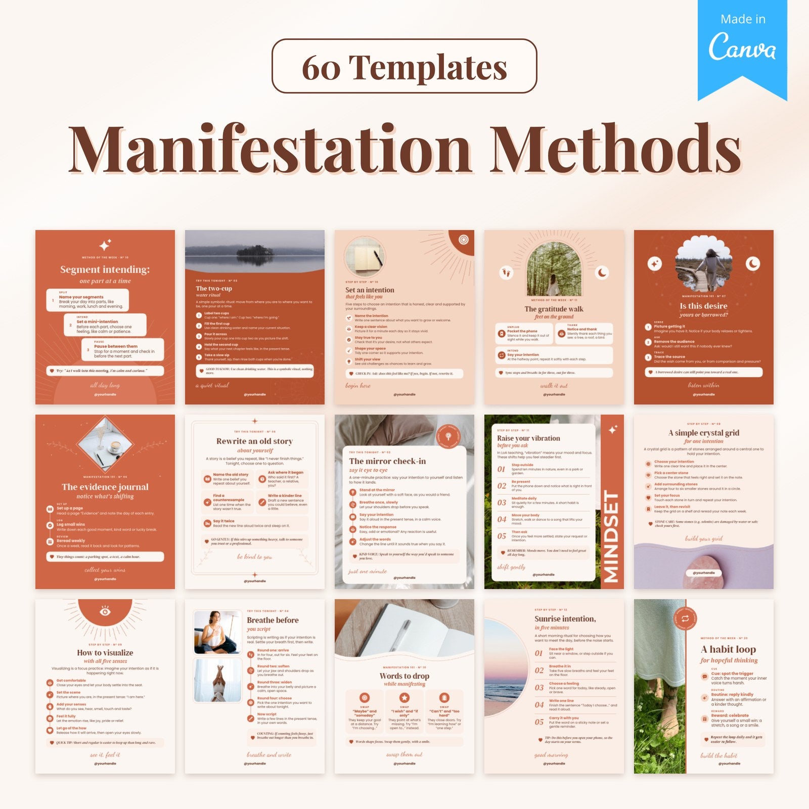 60 Manifestation Method templates: 15 real pages from the Canva file
