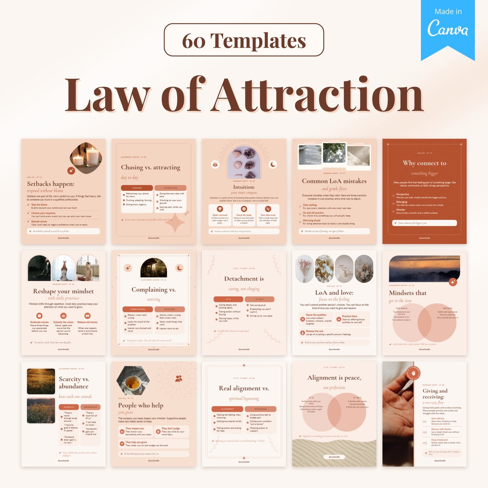 60 Law of Attraction templates: 15 real pages from the Canva file