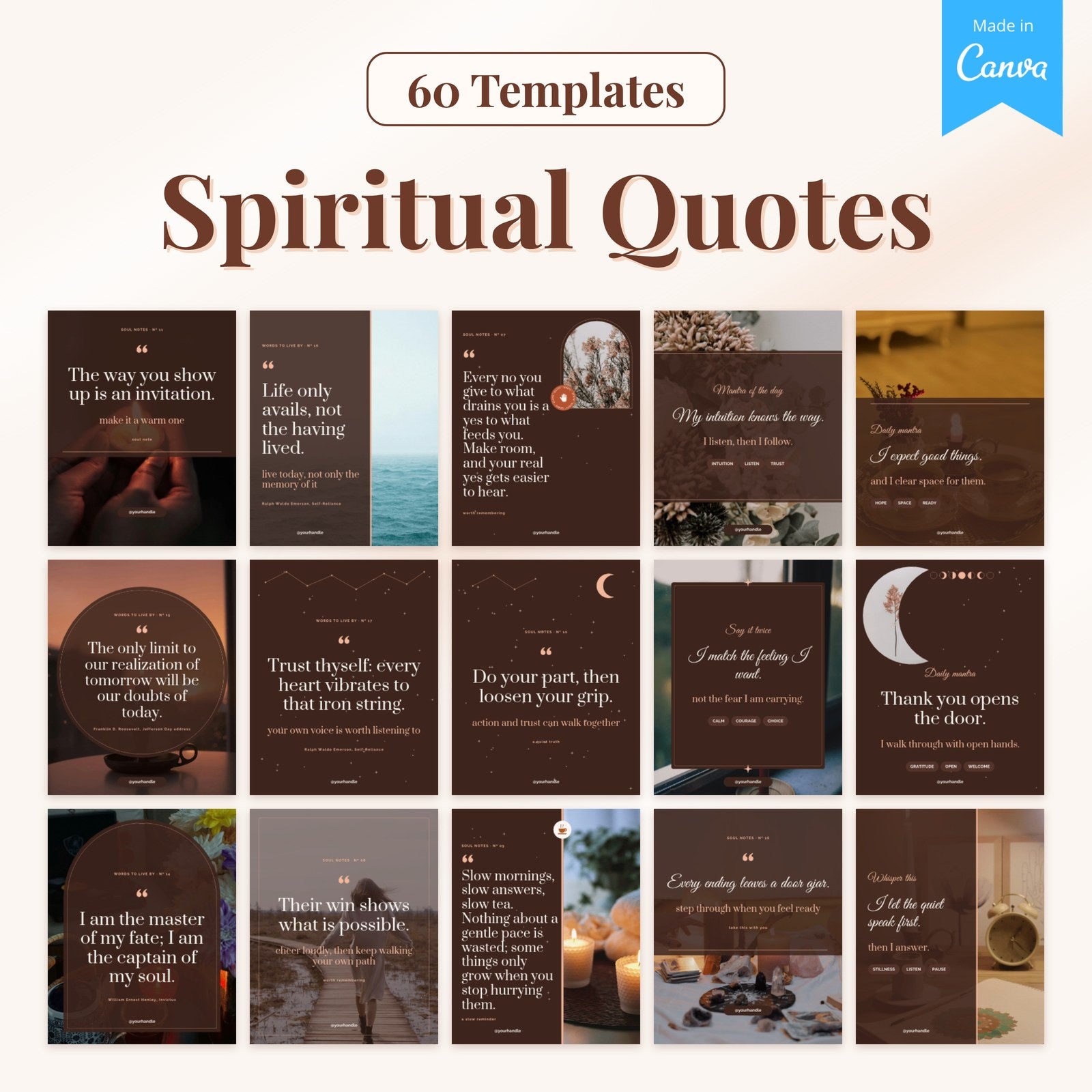 60 Spiritual Quote templates: 15 real pages from the Canva file