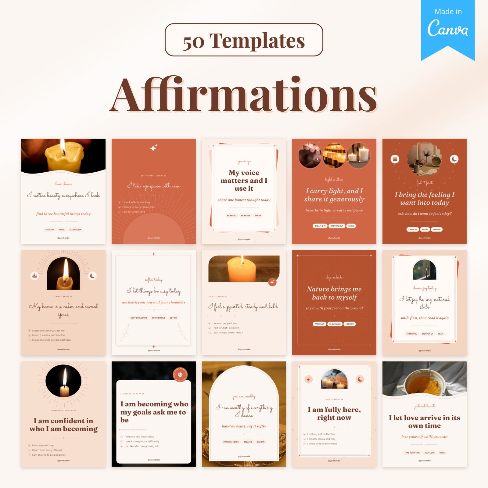 50 Affirmation templates: 15 real pages from the Canva file