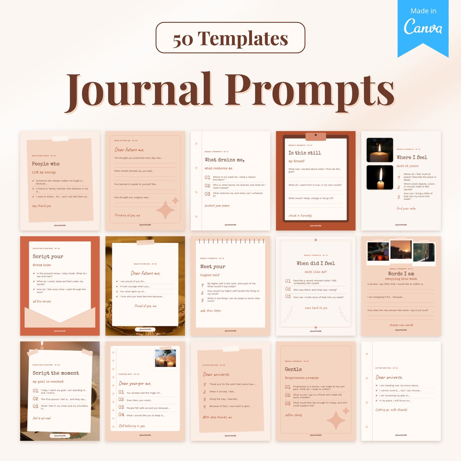 50 Journal and Scripting Prompt templates: 15 real pages from the Canva file
