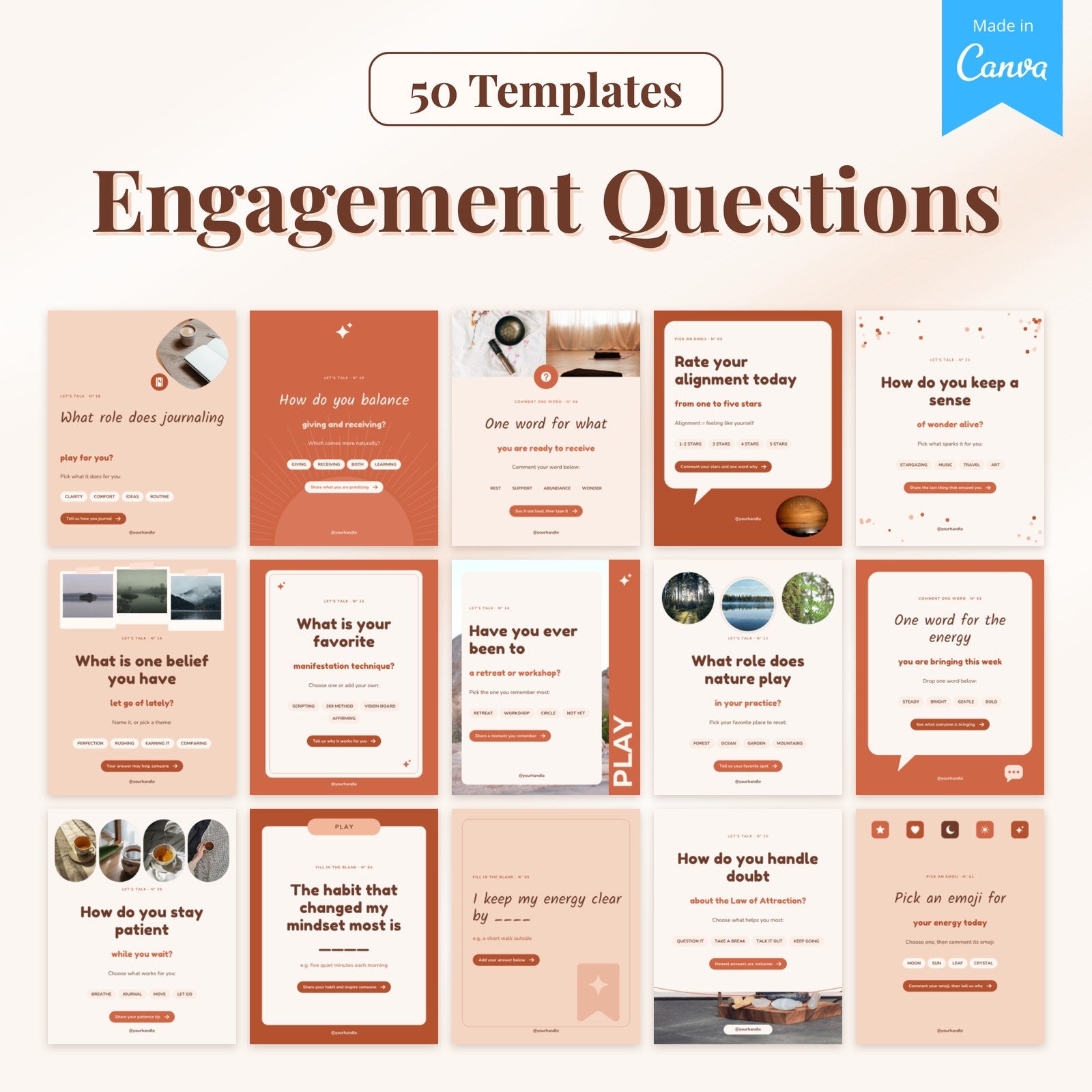 50 Engagement Question templates: 15 real pages from the Canva file
