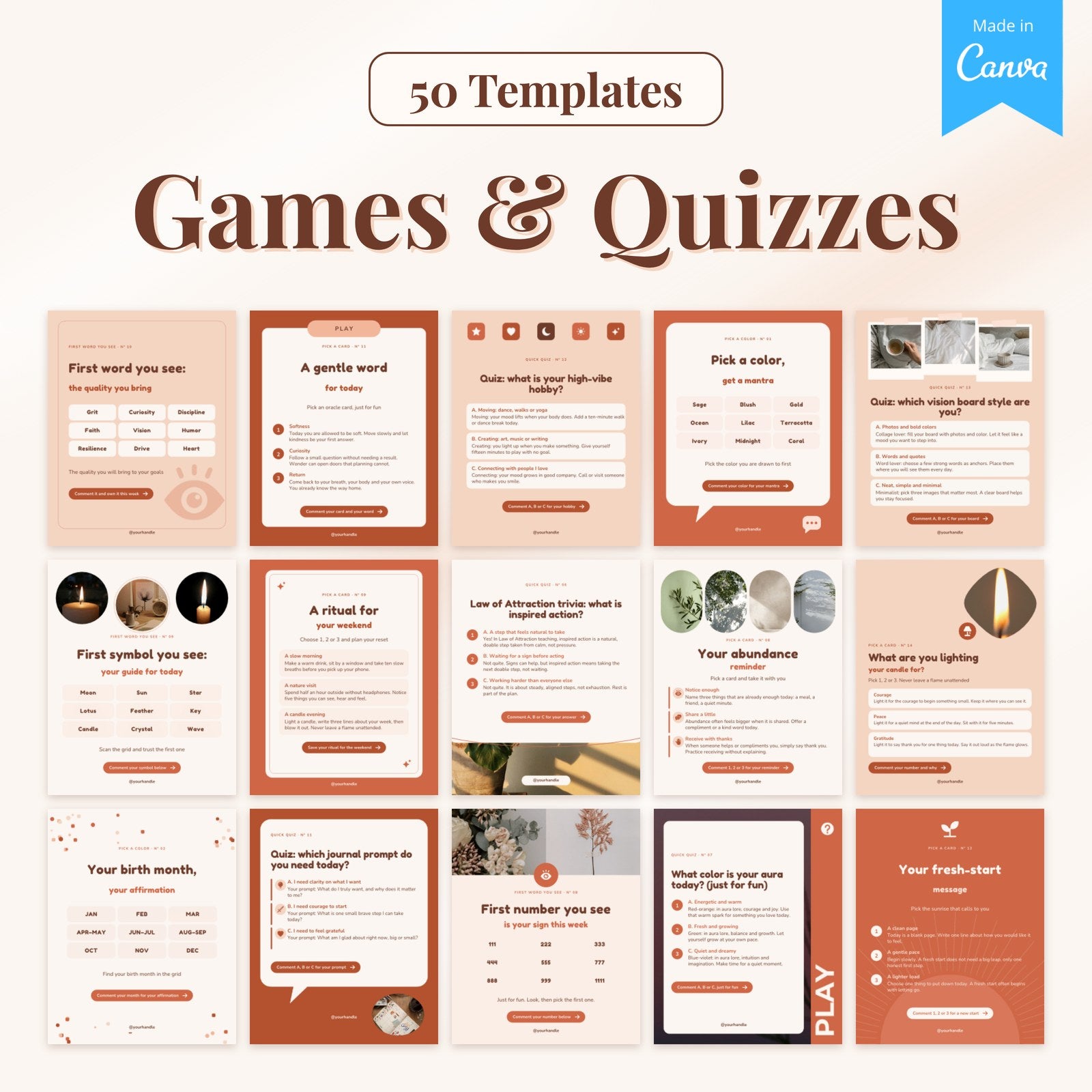 50 Game and Quiz templates: 15 real pages from the Canva file