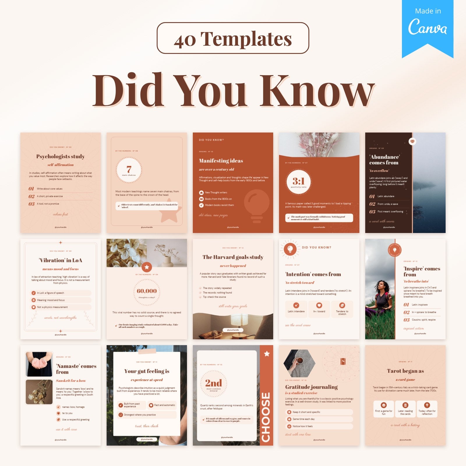 40 Did You Know templates: 15 real pages from the Canva file